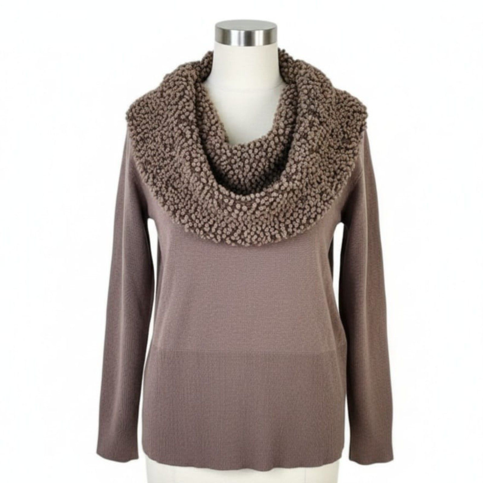 Nwt Neiman Marcus Brown Taupe Cowl Neck Pom-Pom Long Sleeved Sweater Sz S